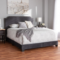 Baxton Studio Darcy-Grey-Queen Darcy Luxe and Glamour Dark Grey Velvet Upholstered Queen Size Bed